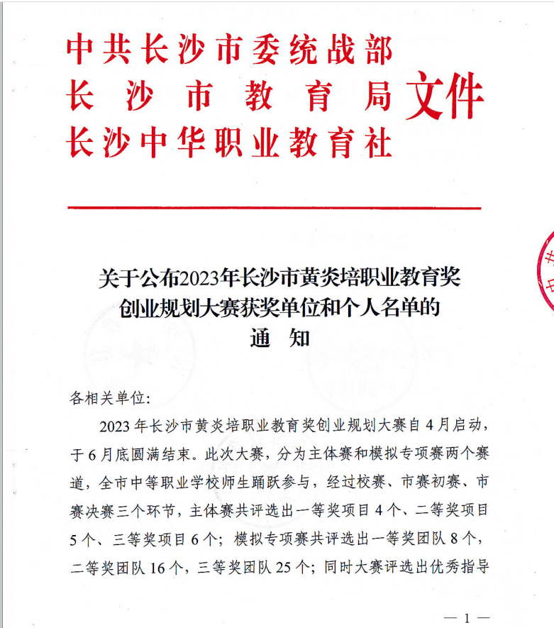 关于公布2023年长沙市黄炎培职业教育奖创业规划大赛获奖单位和个人名单的通知